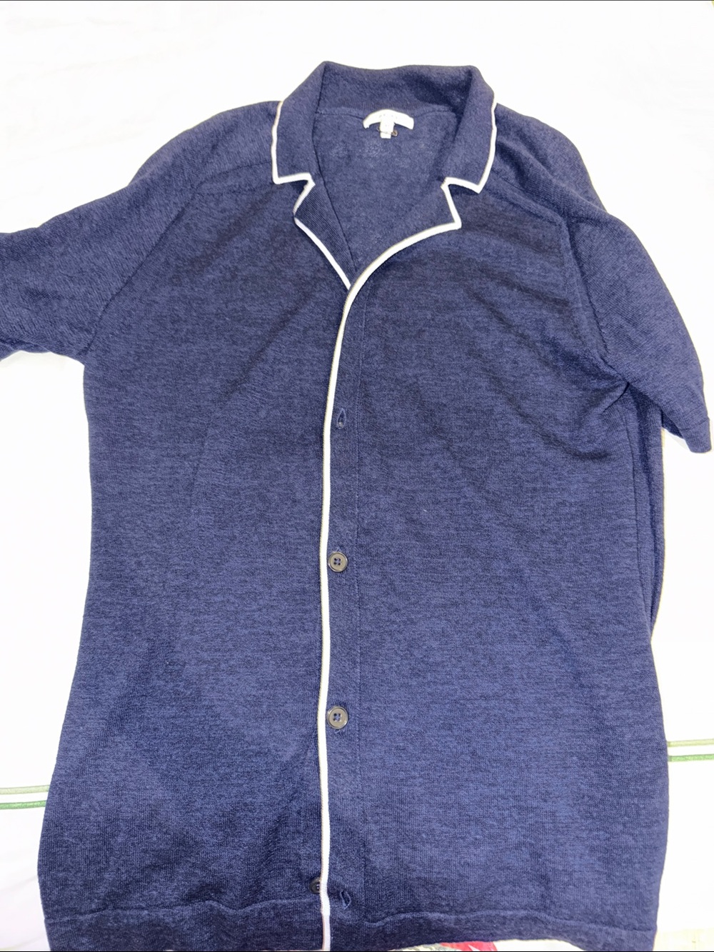 Reiss Navy Short-Sleeve Button Shirt Jacket with White Piping